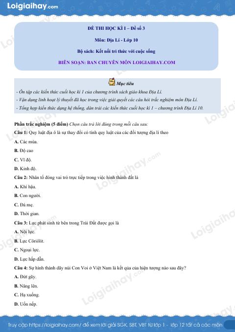 Đề thi học kì 1 Địa lí 10 - Đề số 3